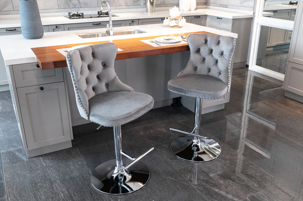 Swivel Velvet Barstools, Gray (Set of 2）