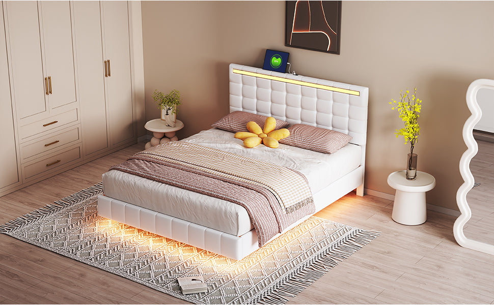 Queen Size Modern Upholstered Platform LED Bed with LED Lights and USB Charging - White