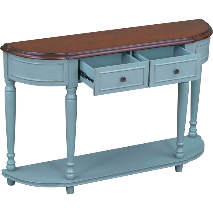 Retro Circular Curved Design Console Table with Open Style Shelf - Cherry + Antique Blue