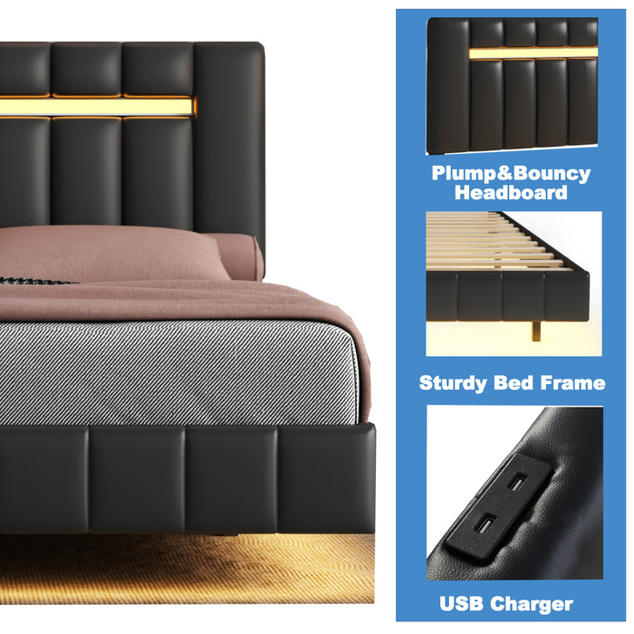 Queen Size Modern Upholstered Platform LED Bed  with LED Lights and USB Charging - Black