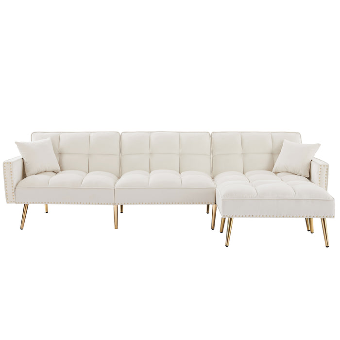 Velvet Upholstered Reversible Sectional Sofa Bed , L-Shaped Couch with Movable Ottoman - cream white