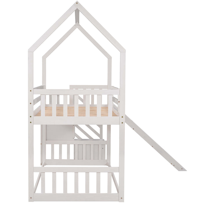 Twin over Twin House Bunk Bed with Convertible Slide, Storage Staircase -White