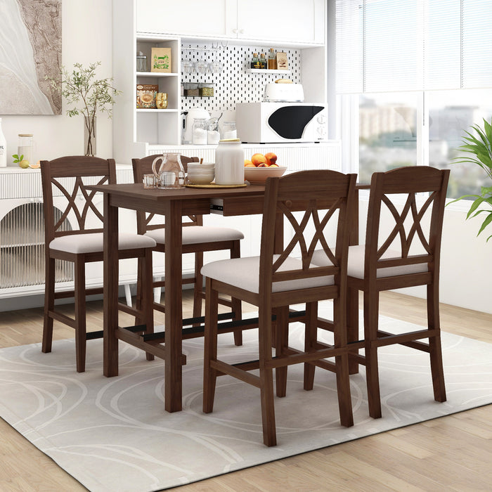 5-Piece Counter Height Dining Table Set - Walnut + Beige