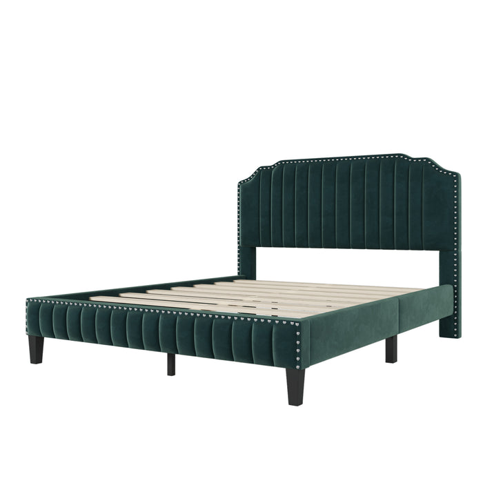 Modern Velvet Curved Upholstered Platform Bed , Green (Queen)