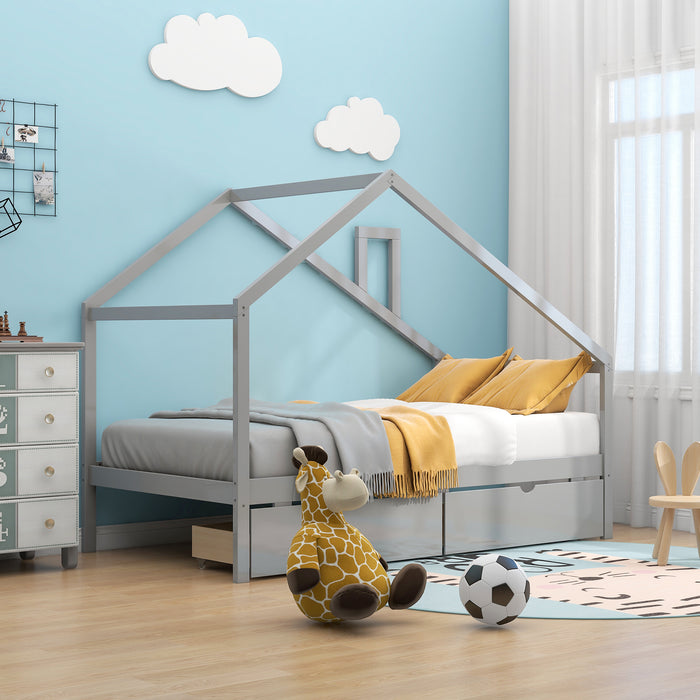 Daybed with Two Pull-out Drawers and Roof, House Bed Frame for Kids, Twin Size, Gray