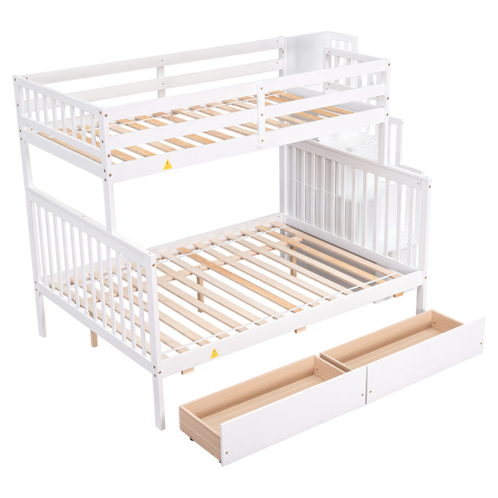 Twin Over Full Bunk Bed with 2 Drawers and Staircases - White