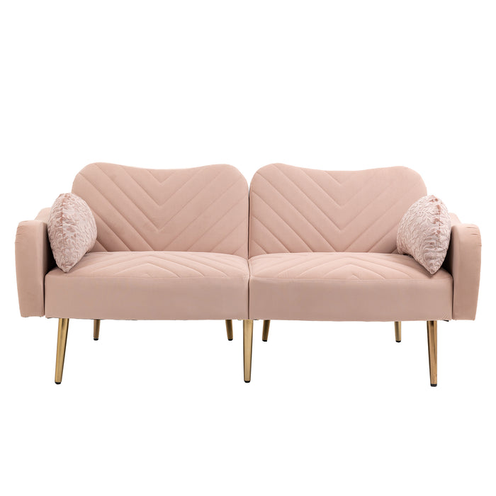 Mid Century Modern Velvet Love Seats Sofa with 2 Bolster Pillows - Pink