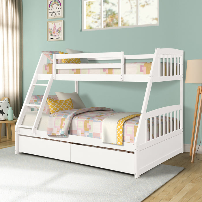 Solid Wood Twin Over Full Bunk Bed with Two Storage Drawers - White