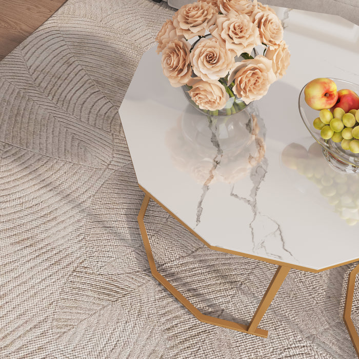 Marble Coffee End table - White Artificial Marble Top (white+golden)