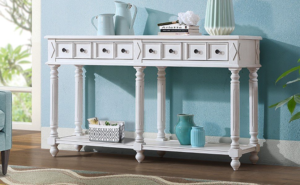 Retro Console Entryway Table - Antique White