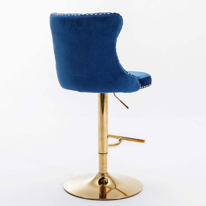 Golden Swivel Velvet Barstool, Blue (Set of 2）