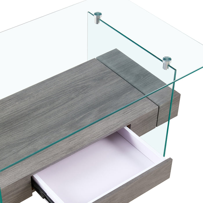 Tempered Glass Coffee table with Dual Shelves and Drawer - transparent/gray