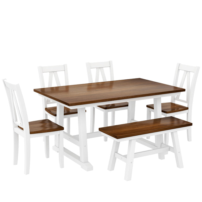 6-Piece Wood Dining Table Set Kitchen Table Set- Walnut + White