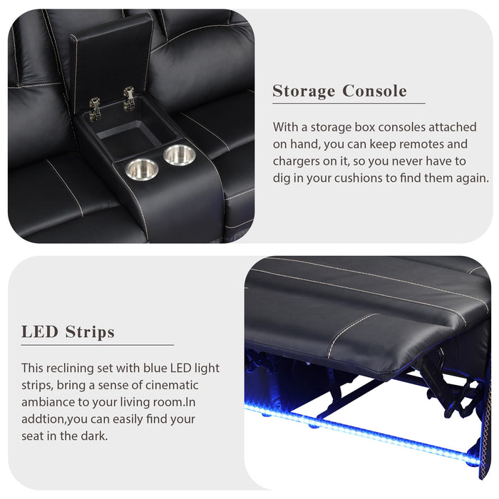 Modern Faux Leather Manual Reclining with Center Console & LED Light - Black