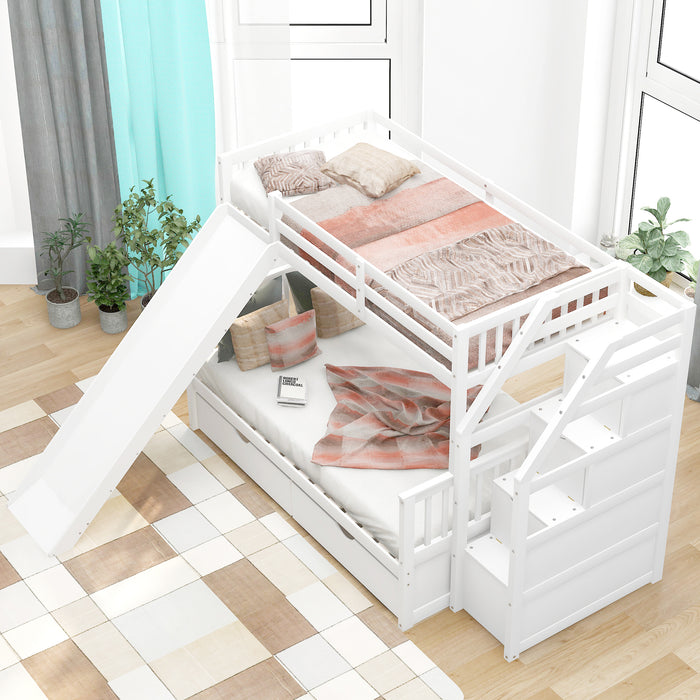 Multifunction Twin over Full Bunk Bed with Drawers, Storage and Slide - White