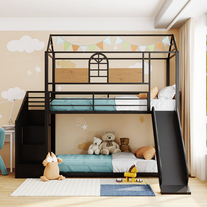 Twin Over Twin Metal House Bunk Bed - Black