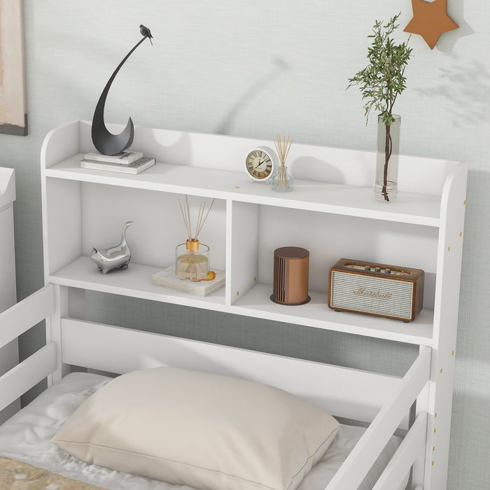 Twin Over Twin Bunk Beds with Bookcase Headboard - White