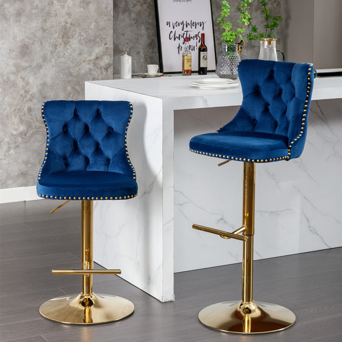 Golden Swivel Velvet Barstool, Blue (Set of 2）