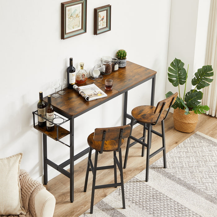 3-Piece Bar Table Set with wine bottle storage rack - Rustic Brown