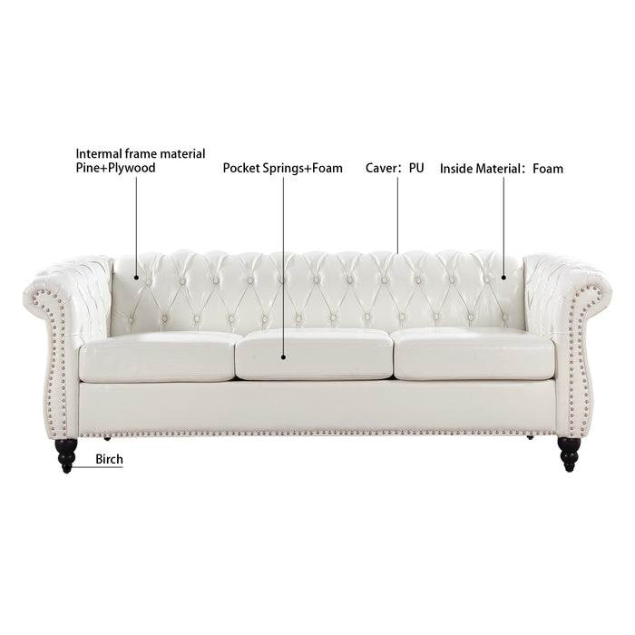 Rolled Arm Chesterfield 3 Seater Sofa - White