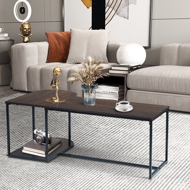 Modern Industrial Style Rectangular Wood Grain Top Coffee Table with Metal Frame - Walnut & Black