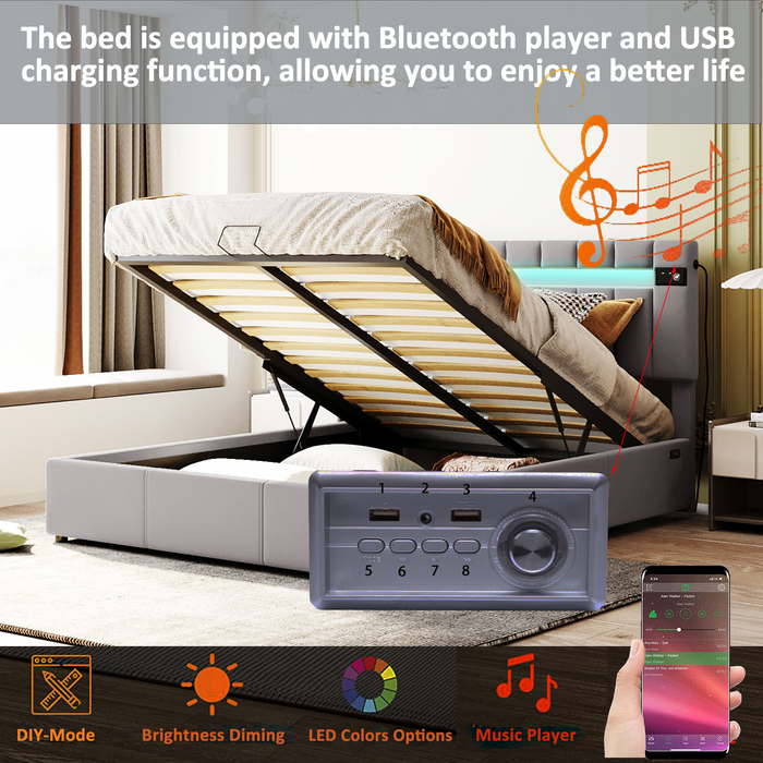 Queen Size Upholstered Bed  with LED light, Bluetooth Player and USB Charging - Gray