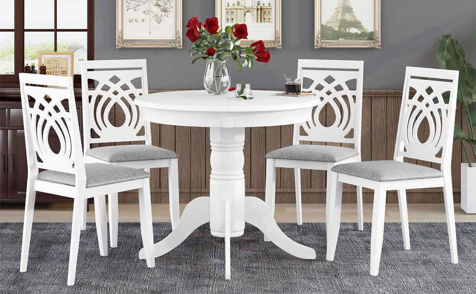 5-Piece Mid-Century Extendable Round Dining Table Set - White