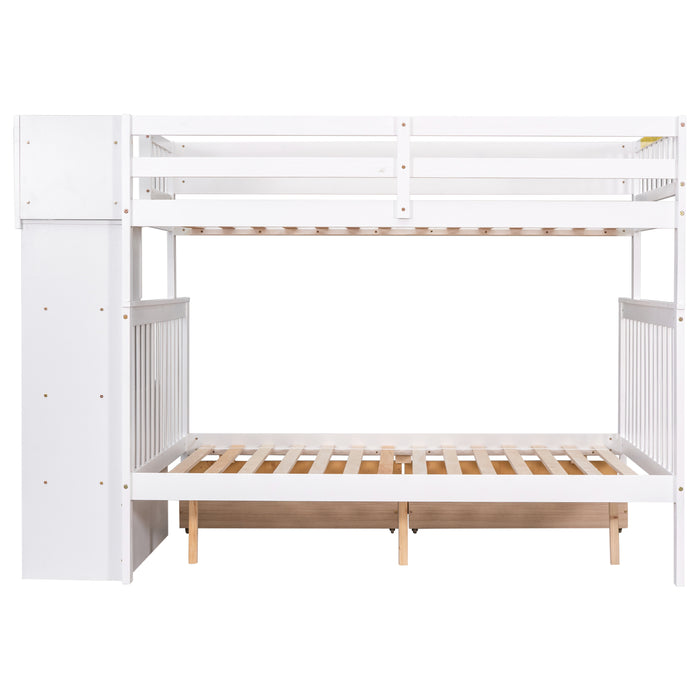 Twin Over Full Convertible Bunk Bed with 2 Drawers and Staircases - White