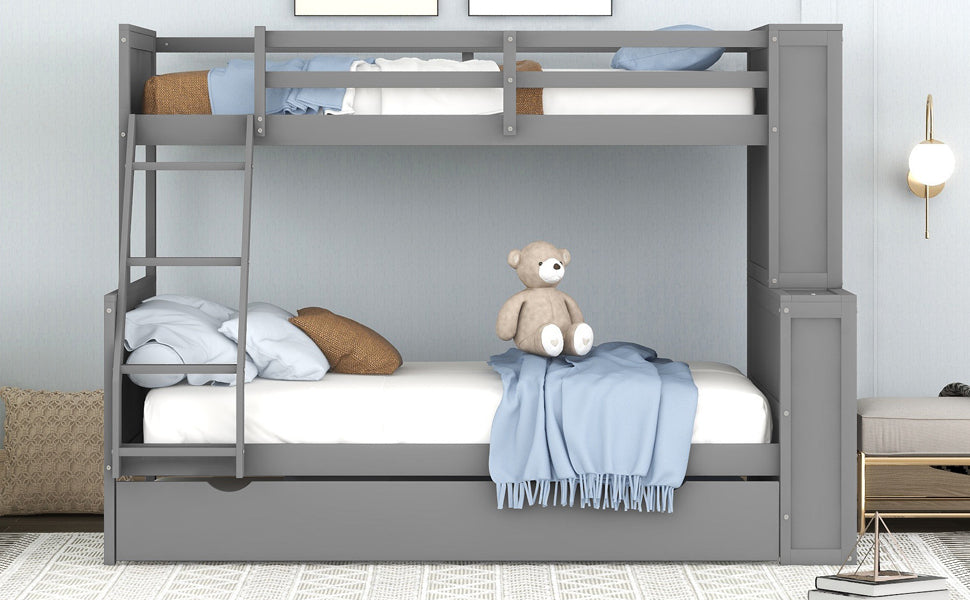 Twin over Full Bunk Bed with Trundle and Shelves, can be Separated into Three Separate Platform Beds, Gray