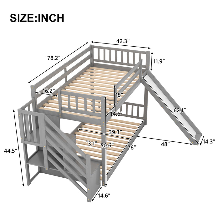 Twin over Twin Bunk Bed with Convertible Slide and Stairway - Gray