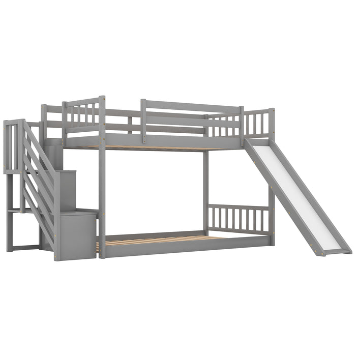 Twin over Twin Bunk Bed with Convertible Slide and Stairway - Gray