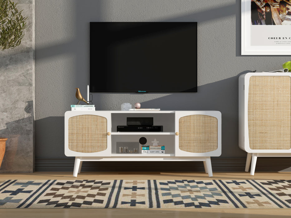 White TV Console with Rattan Door