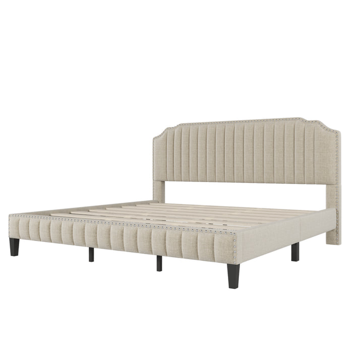 Modern Linen Curved Upholstered Platform Bed (King)