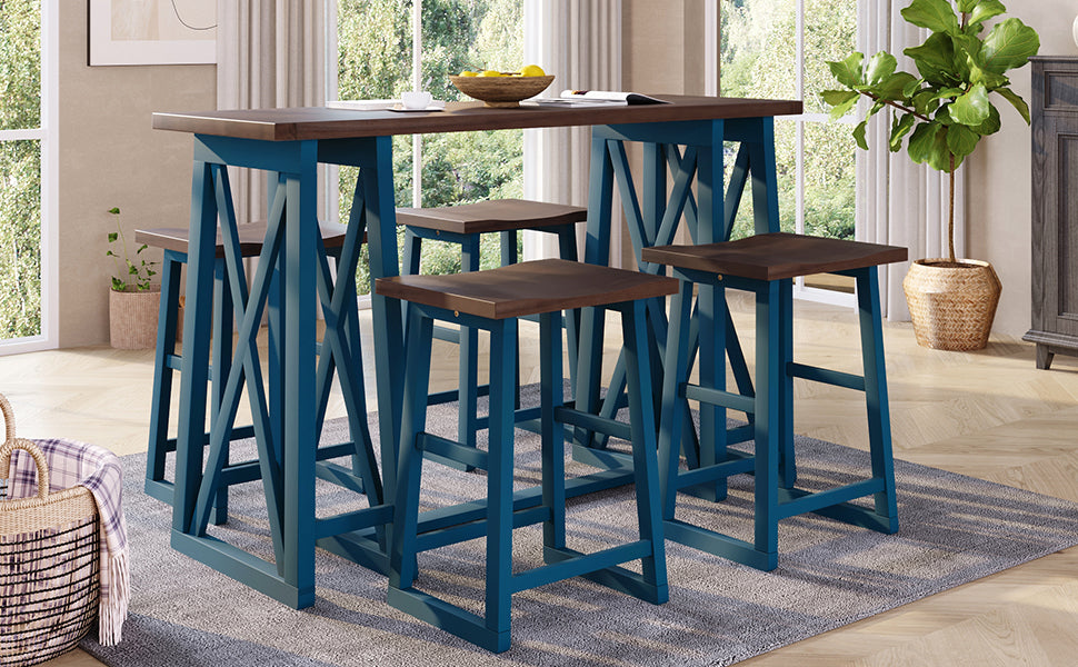 5-Piece Rustic Counter Height Dining Set - Walnut+Blue