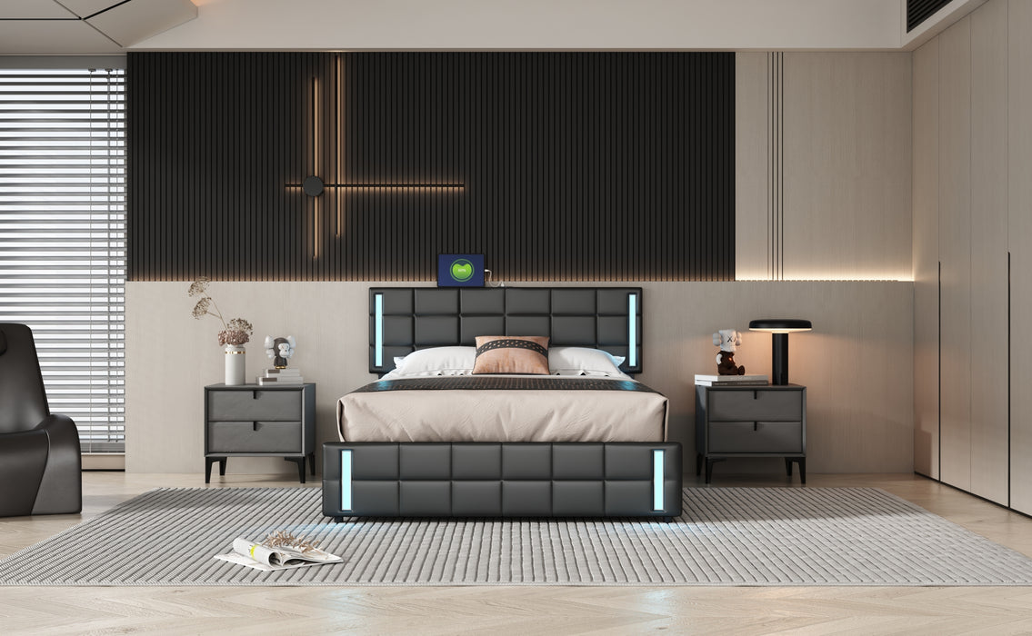 Queen Upholstered  Storage Platform Bed with LED Lights and USB Charging - Black