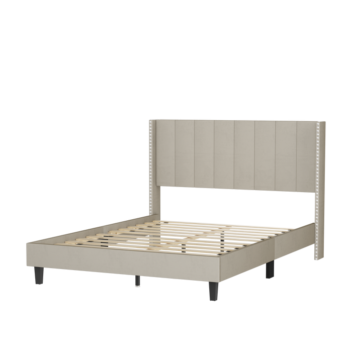 Queen Size Velvet Upholstered Bed Frame with Vertical Channel Tufted Headboard - Beige