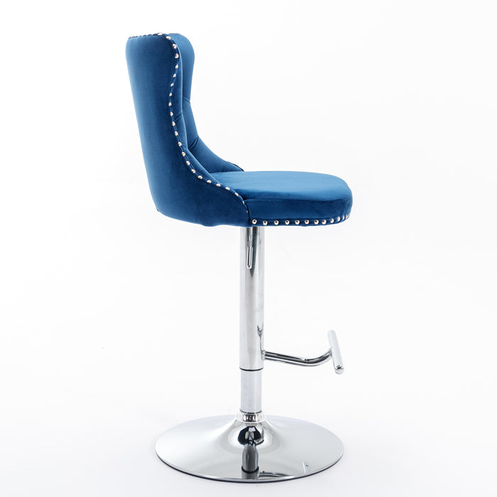 Swivel Velvet Barstools, Blue (Set of 2）