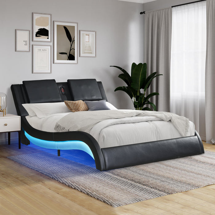 Queen Size Faux Leather Upholstered Platform Bed Frame with led lighting and Bluetooth connection - Black