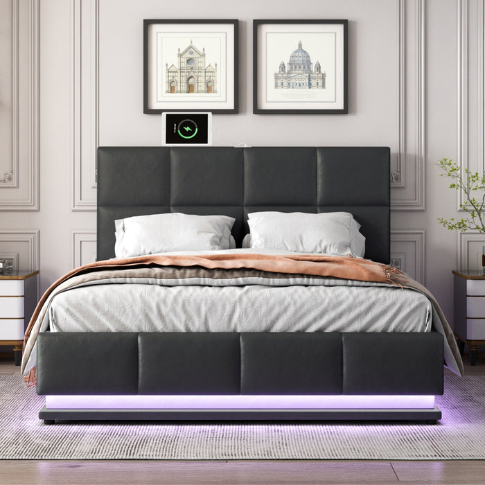 Queen Tufted Upholstered  Storage Platform Bed  with LED Lights and USB charger - Black