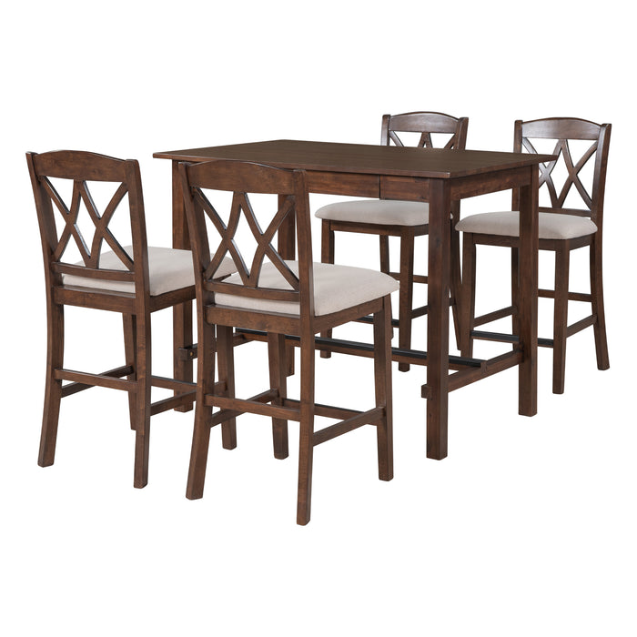 5-Piece Counter Height Dining Table Set - Walnut + Beige