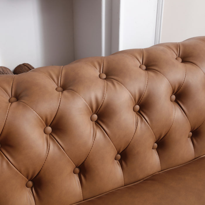 Classic Chesterfield Sofa - Brown Faux Leather