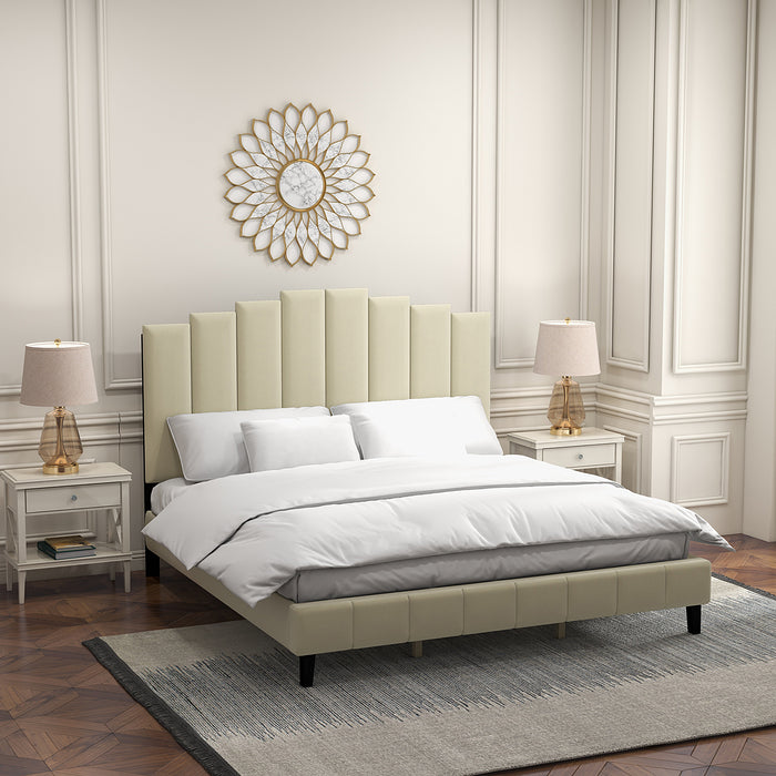 King Size Tufted Upholstered Platform Bed with Headboard and Footboard - Ivory