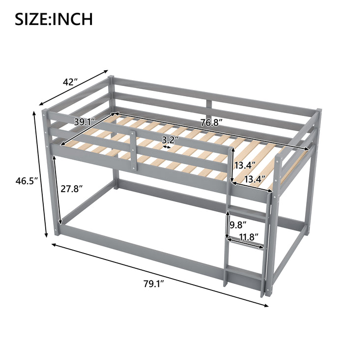 Twin over Twin Floor Bunk Bed with Ladder - White