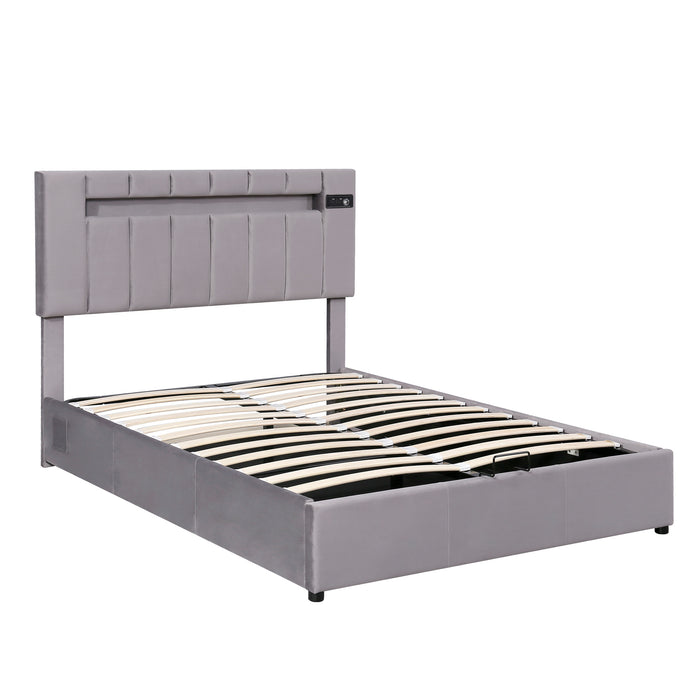 Full Size Velvet Upholstered Storage Bed with LED light, Bluetooth Player and USB Charging - Gray