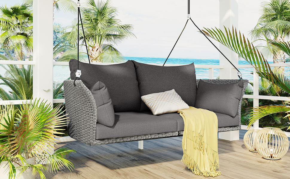 Porch Swing With Ropes - Gray Wicker And Cushion