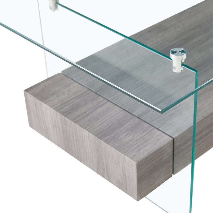 Tempered Glass Coffee table with Dual Shelves and Drawer - transparent/gray