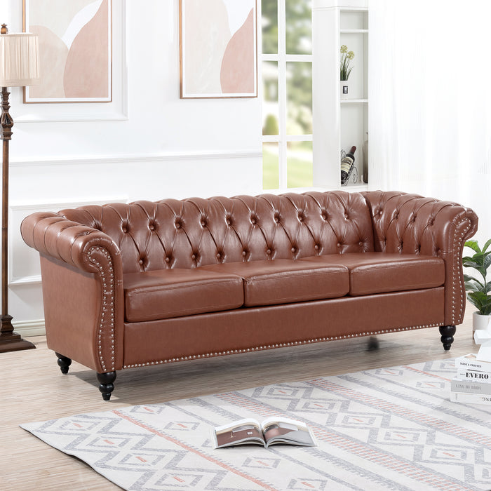 Rolled Arm Chesterfield 3 Seater Sofa - Brown