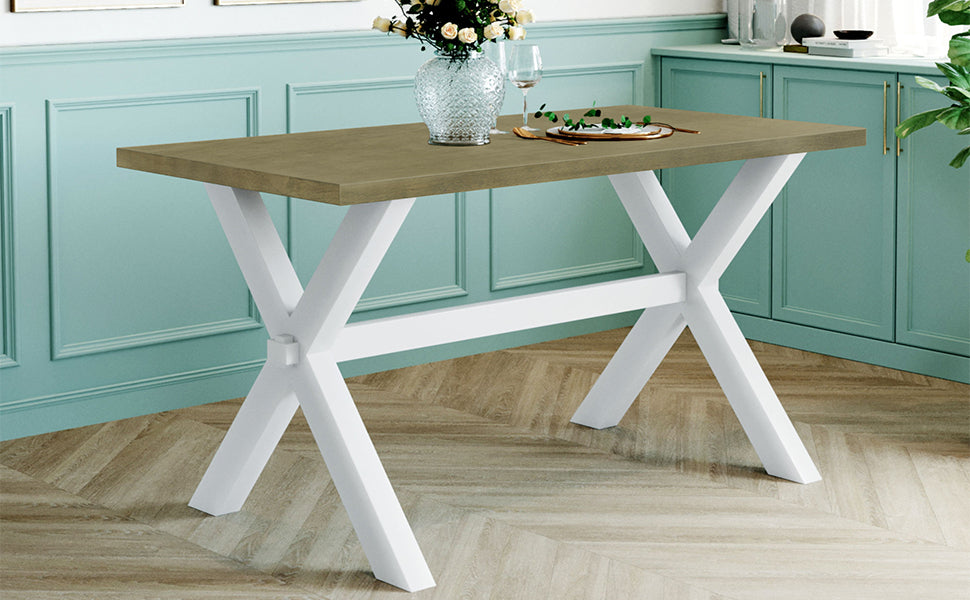 5-Pieces Farmhouse Rustic Wood Kitchen Dining Table Set - White + Beige