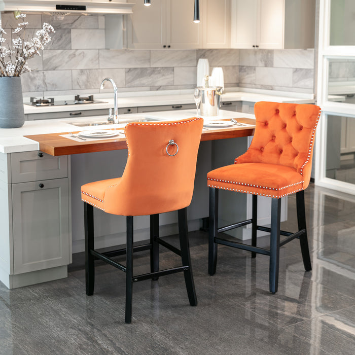 Contemporary Velvet Upholstered Barstools, Set of 2 (Orange)