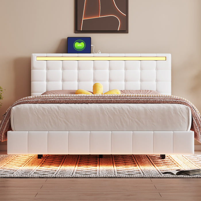 Queen Size Modern Upholstered Platform LED Bed with LED Lights and USB Charging - White